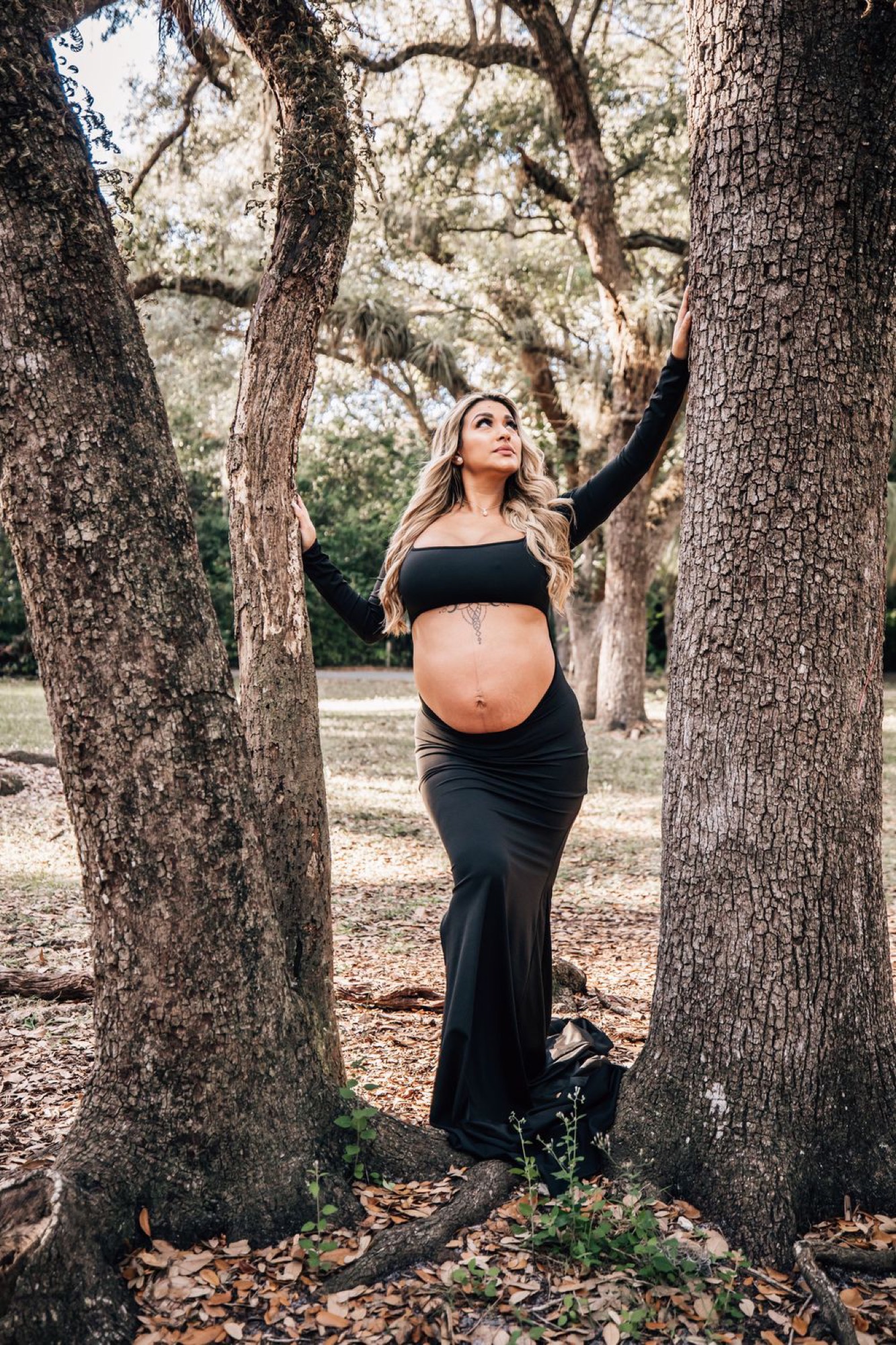 Maternity portrait framed between two oak trees in dappled light
